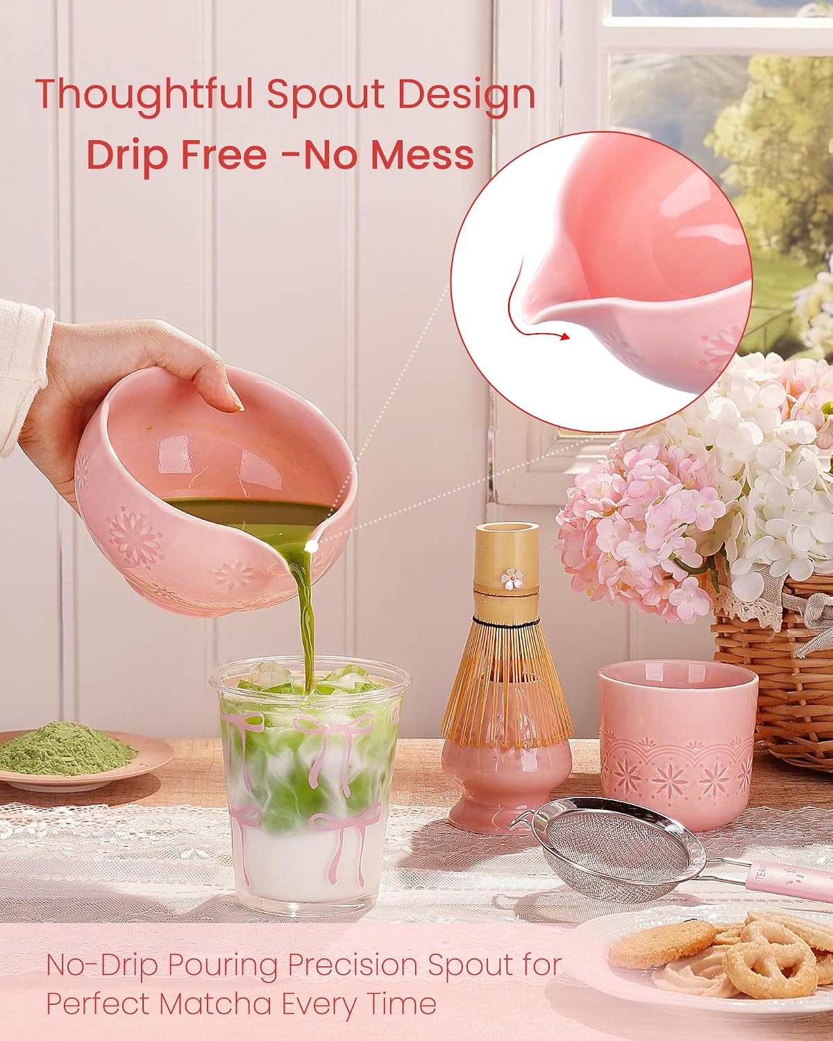 Matcha Whisk Set, 6pcs Matcha Kit Set Includes Matcha Bowl, Innovative Bamboo Whisk & Scoop with Cute Charm, Chasen Holder, 304 Sifter & Tea Mat for Japanese Tea Ceremony, Jade Green