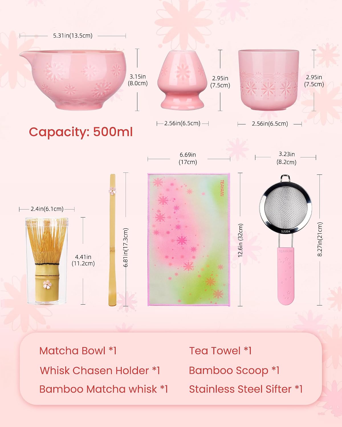 Matcha Whisk Set, 6pcs Matcha Kit Set Includes Matcha Bowl, Innovative Bamboo Whisk & Scoop with Cute Charm, Chasen Holder, 304 Sifter & Tea Mat for Japanese Tea Ceremony, Jade Green