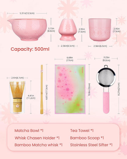 Matcha Whisk Set, 6pcs Matcha Kit Set Includes Matcha Bowl, Innovative Bamboo Whisk & Scoop with Cute Charm, Chasen Holder, 304 Sifter & Tea Mat for Japanese Tea Ceremony, Jade Green