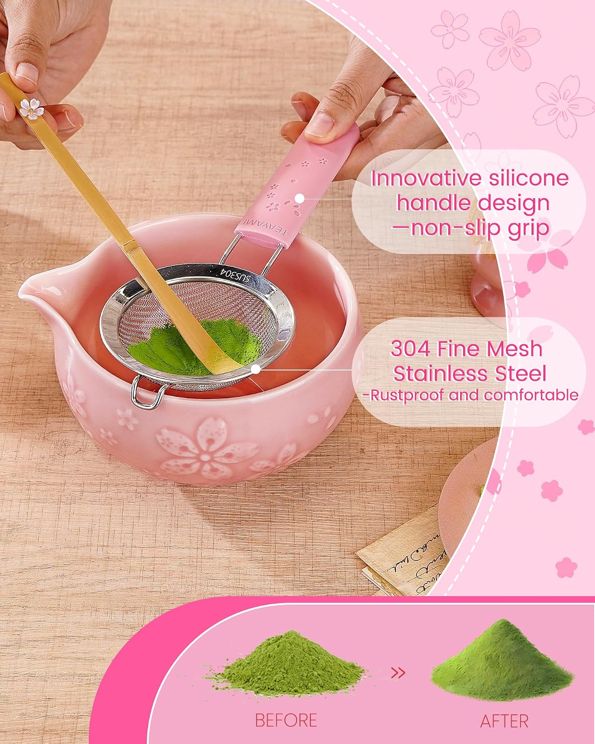 Matcha Whisk Set, 6pcs Matcha Kit Set Includes Matcha Bowl, Innovative Bamboo Whisk & Scoop with Cute Charm, Chasen Holder, 304 Sifter & Tea Mat for Japanese Tea Ceremony, Jade Green