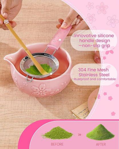 Matcha Whisk Set, 6pcs Matcha Kit Set Includes Matcha Bowl, Innovative Bamboo Whisk & Scoop with Cute Charm, Chasen Holder, 304 Sifter & Tea Mat for Japanese Tea Ceremony, Jade Green