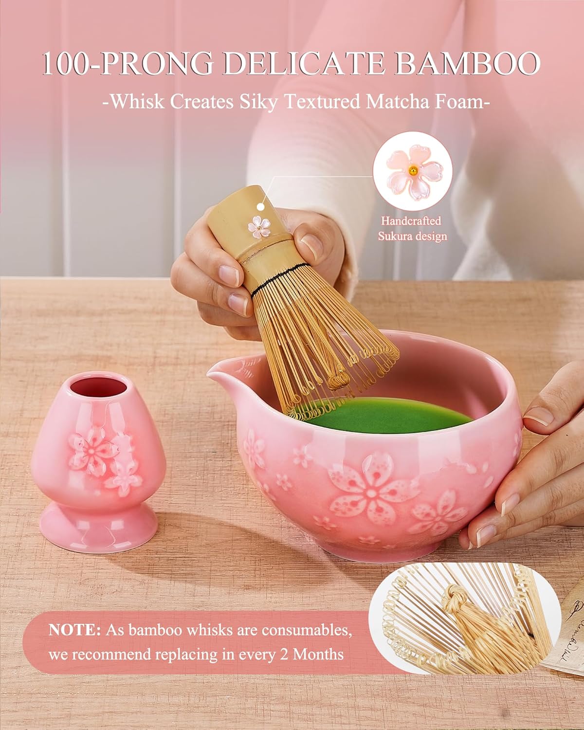 Matcha Whisk Set, 6pcs Matcha Kit Set Includes Matcha Bowl, Innovative Bamboo Whisk & Scoop with Cute Charm, Chasen Holder, 304 Sifter & Tea Mat for Japanese Tea Ceremony, Jade Green