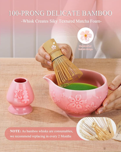 Matcha Whisk Set, 6pcs Matcha Kit Set Includes Matcha Bowl, Innovative Bamboo Whisk & Scoop with Cute Charm, Chasen Holder, 304 Sifter & Tea Mat for Japanese Tea Ceremony, Jade Green
