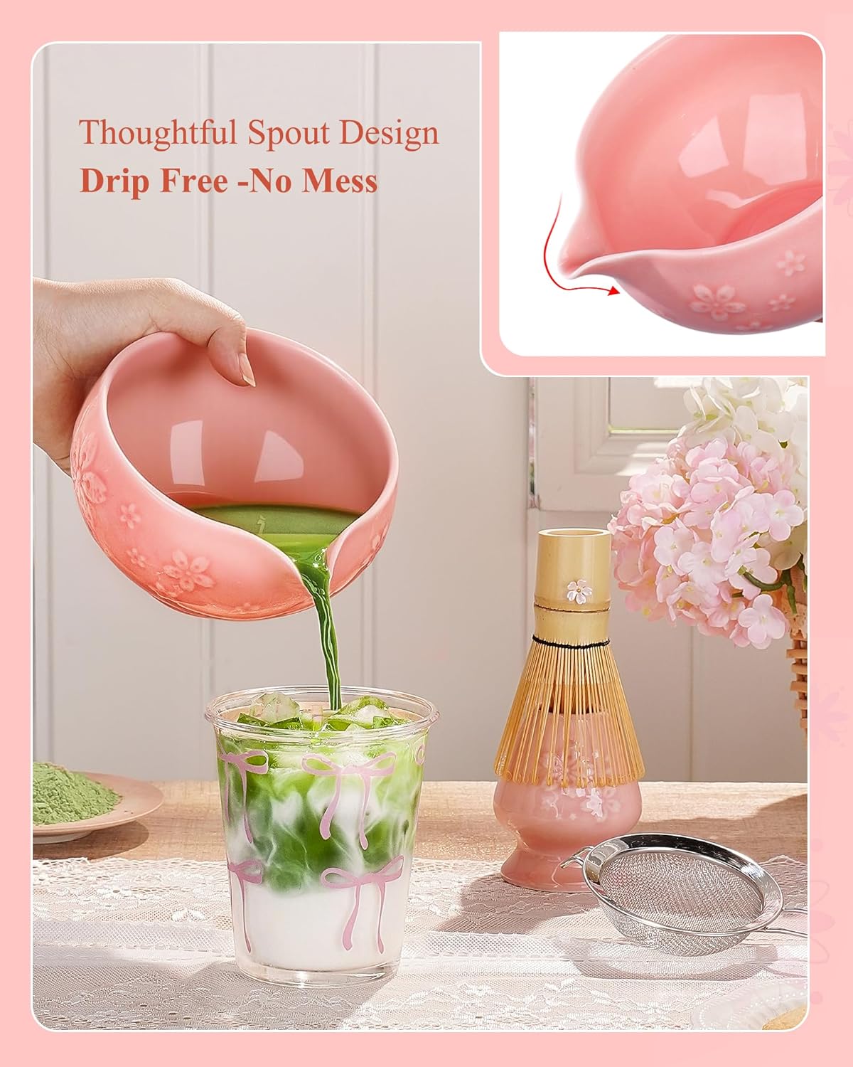 Matcha Whisk Set, 6pcs Matcha Kit Set Includes Matcha Bowl, Innovative Bamboo Whisk & Scoop with Cute Charm, Chasen Holder, 304 Sifter & Tea Mat for Japanese Tea Ceremony, Jade Green