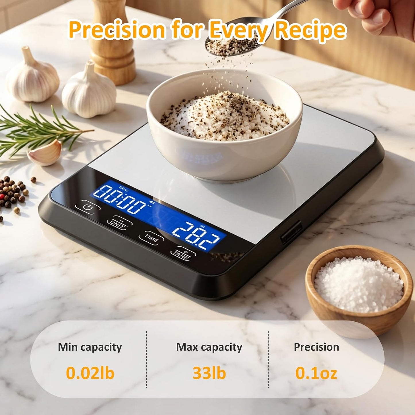Food Scale, 33 lb / 0.1 oz High Precision Kitchen Scale for Sourdough Bread, Built-in 7 Units, Timing & Tare Function, Rechargeable Digital Kitchen Scale for Food, Baking, Cooking