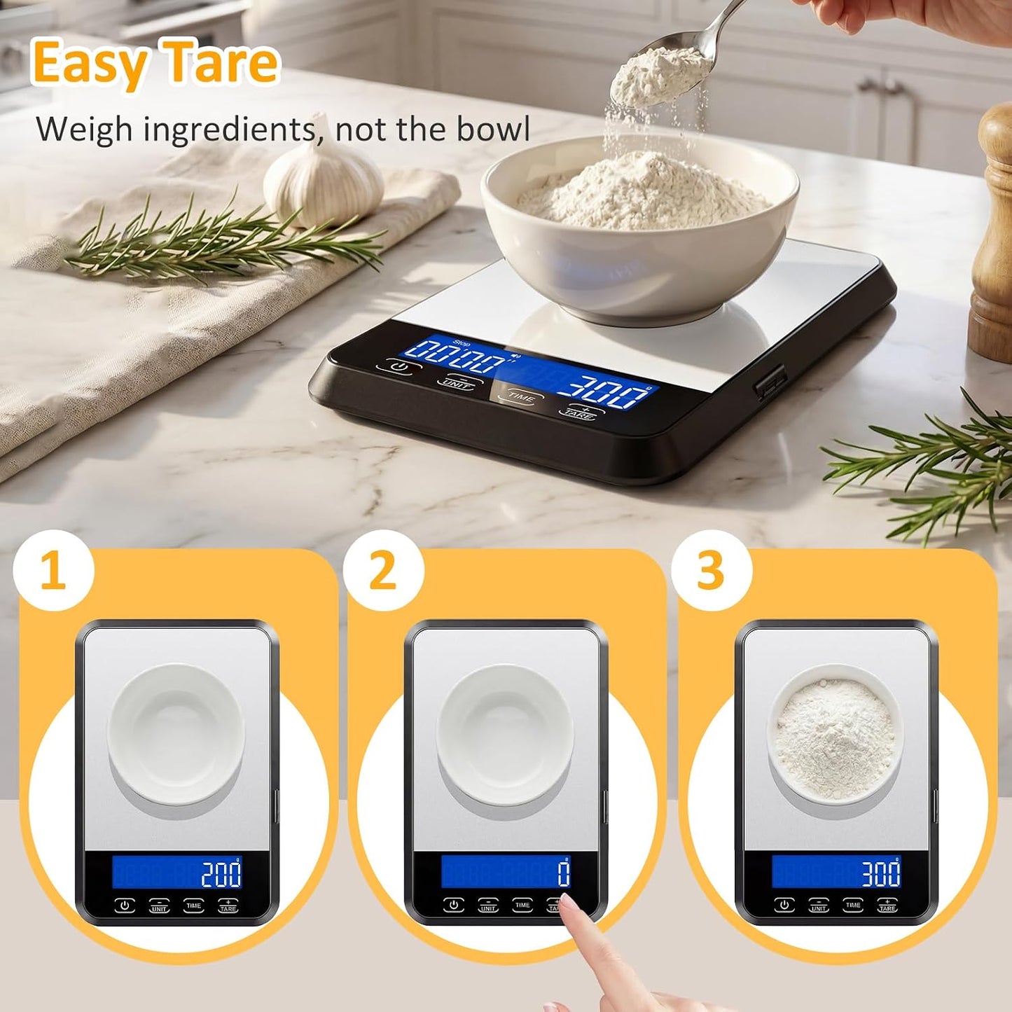 Food Scale, 33 lb / 0.1 oz High Precision Kitchen Scale for Sourdough Bread, Built-in 7 Units, Timing & Tare Function, Rechargeable Digital Kitchen Scale for Food, Baking, Cooking