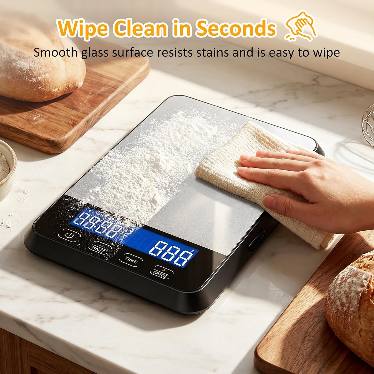 Food Scale, 33 lb / 0.1 oz High Precision Kitchen Scale for Sourdough Bread, Built-in 7 Units, Timing & Tare Function, Rechargeable Digital Kitchen Scale for Food, Baking, Cooking