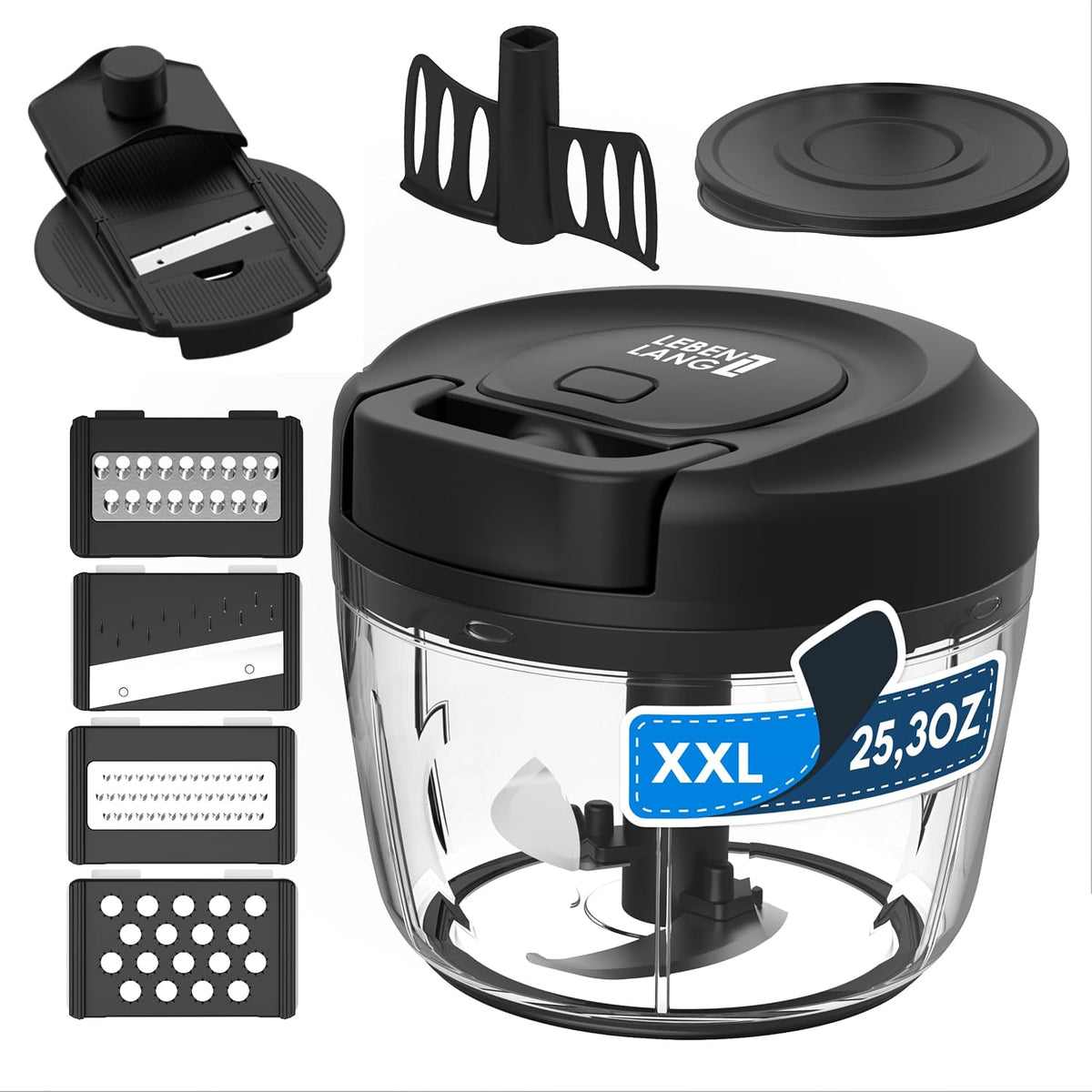 Manual Food Processor & Onion Chopper - 26 OZ incl. Useful Acessory I BPA-Free I Manual Food Chopper with pull string for garlic & veggie chop I Food mincer vegetable cutter hand pull held