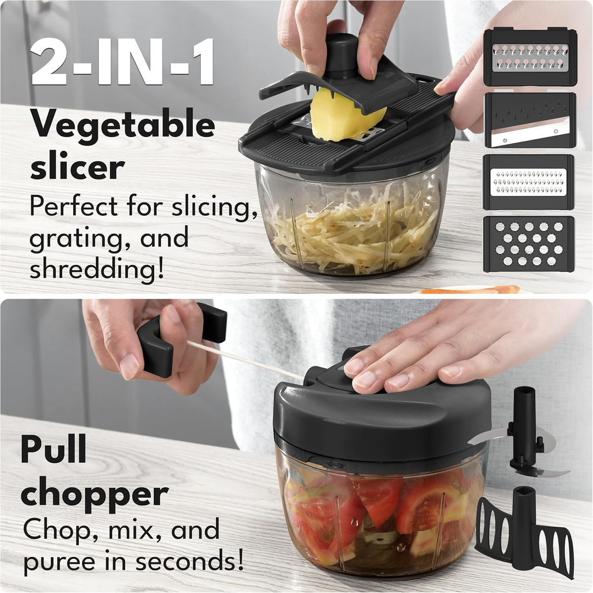 Manual Food Processor & Onion Chopper - 26 OZ incl. Useful Acessory I BPA-Free I Manual Food Chopper with pull string for garlic & veggie chop I Food mincer vegetable cutter hand pull held