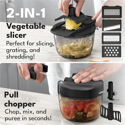 Manual Food Processor & Onion Chopper - 26 OZ incl. Useful Acessory I BPA-Free I Manual Food Chopper with pull string for garlic & veggie chop I Food mincer vegetable cutter hand pull held