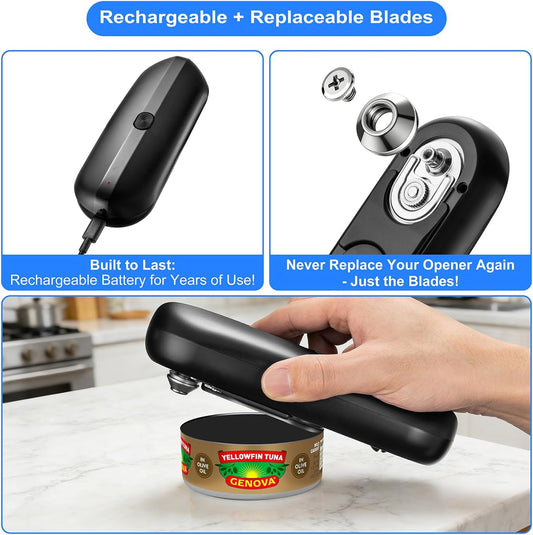 Electric Can Opener, Automatic Hands-Free Can Opener with Smooth Edge, One-Touch Operation USB Rechargeable, for Seniors, Arthritis Sufferers, Kitchen and Camping Use, Replaceable Blade (Black)