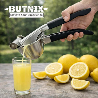 Lemon Squeezer, Stainless Steel 304 Hand Juicer, 3-in-1 Citrus Squeezer for Lemon Lime Orange, Manual Citrus Juicer with Cocktail Mixing Spoon, Non-Slip Grip, Life Time Warranty