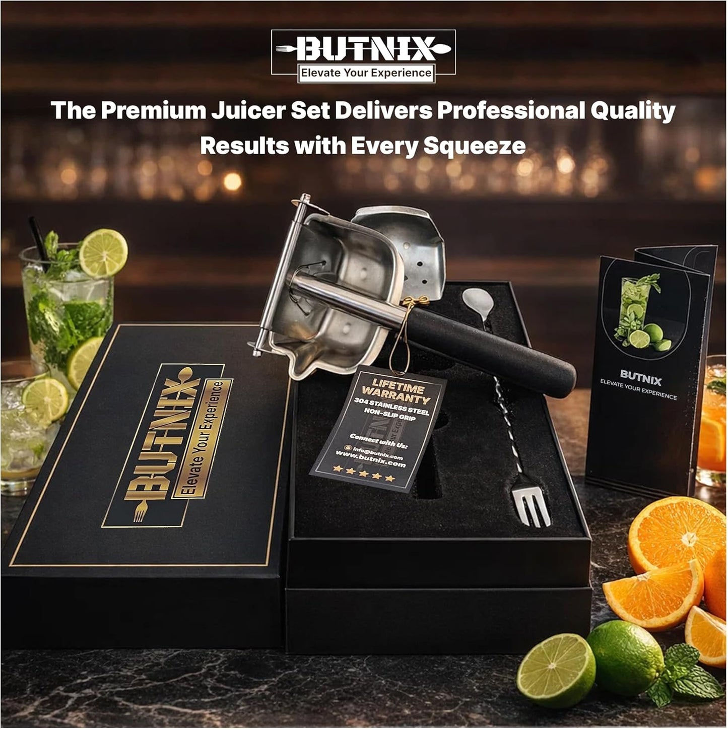 Lemon Squeezer, Stainless Steel 304 Hand Juicer, 3-in-1 Citrus Squeezer for Lemon Lime Orange, Manual Citrus Juicer with Cocktail Mixing Spoon, Non-Slip Grip, Life Time Warranty