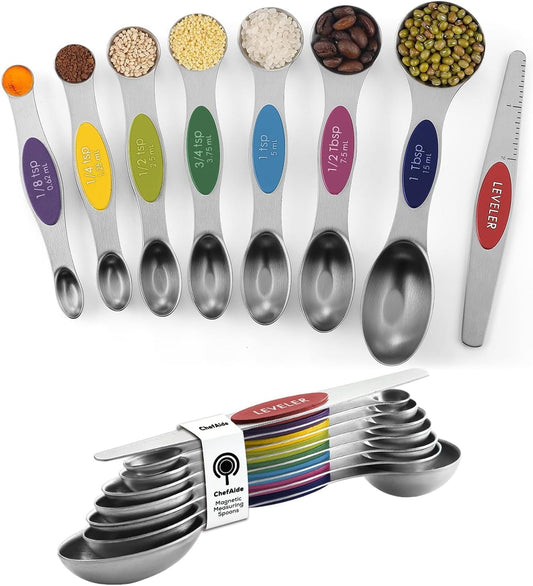 Pack of 8 Stainless Steel Magnetic Measuring Spoons Set, Dual Sided, Stackable, Adjustable Teaspoon and Tablespoon Measure Spoon with Leveler, Kitchen Gadgets
