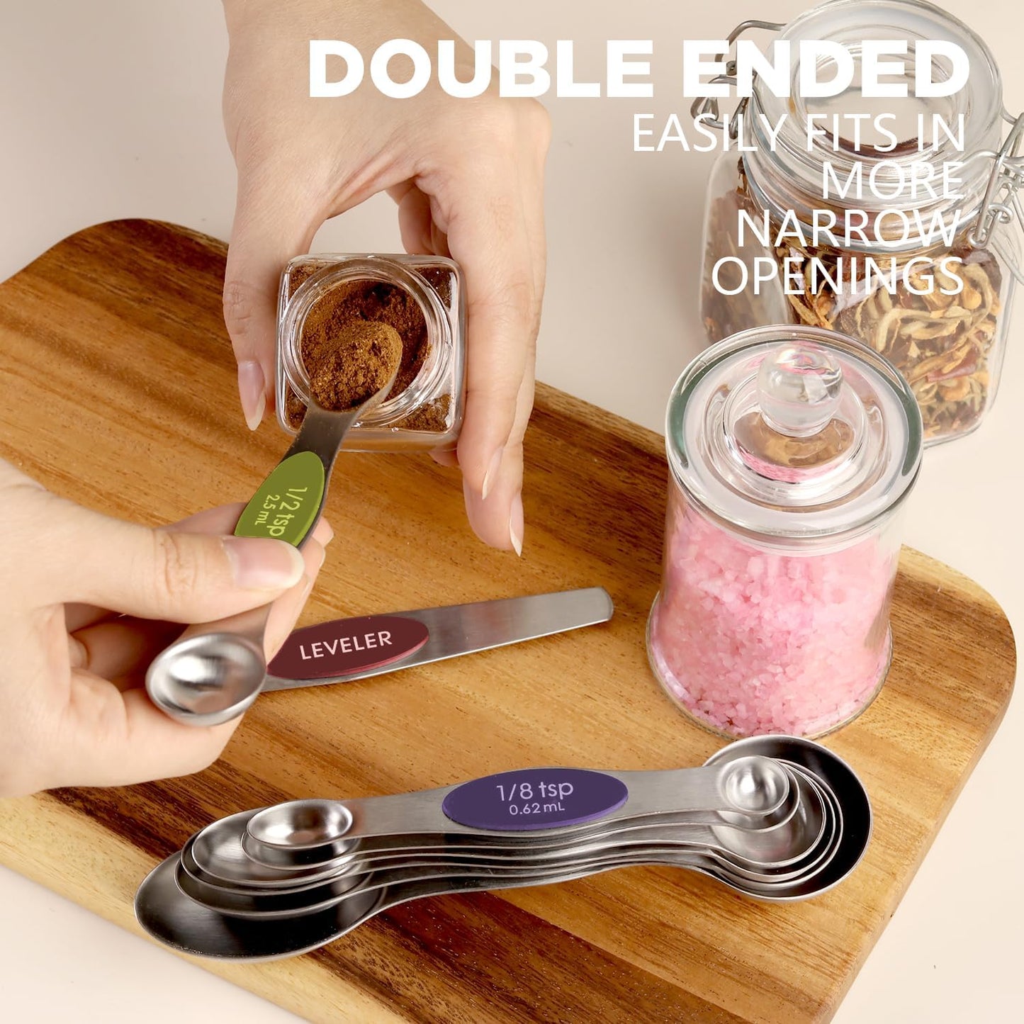 Pack of 8 Stainless Steel Magnetic Measuring Spoons Set, Dual Sided, Stackable, Adjustable Teaspoon and Tablespoon Measure Spoon with Leveler, Kitchen Gadgets