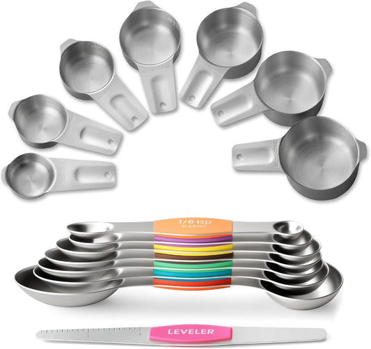Stainless Steel Measuring Cups & Spoons Set, Kitchen Tools Nesting Measuring Cups and Spoons, Fits in Spice Jars for Baking & Cooking, BPA Free, Set of 15 with Leveler, Multicolor
