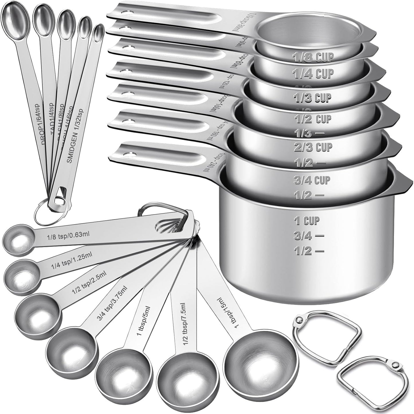 Stainless Steel Measuring Cups & Spoons Set, Kitchen Tools Nesting Measuring Cups and Spoons, Fits in Spice Jars for Baking & Cooking, BPA Free, Set of 15 with Leveler, Multicolor