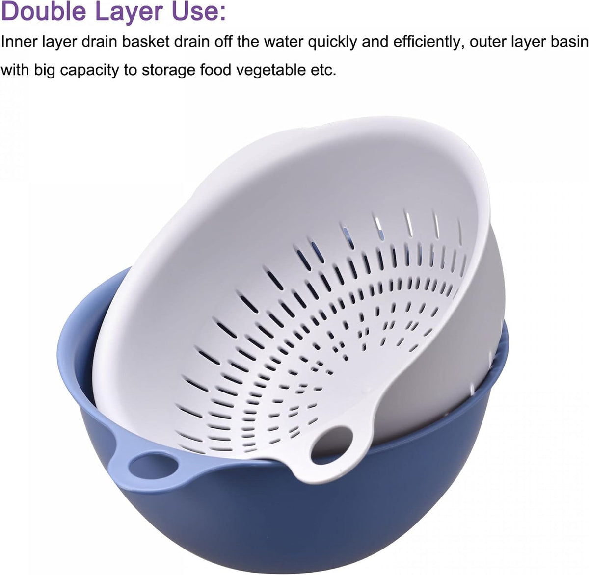 Kitchen Strainer Colander Bowl Set, Small Double Layer Drain Basin and Basket Suitable for Fruits, Vegetables, Pasta, Berry - Purple