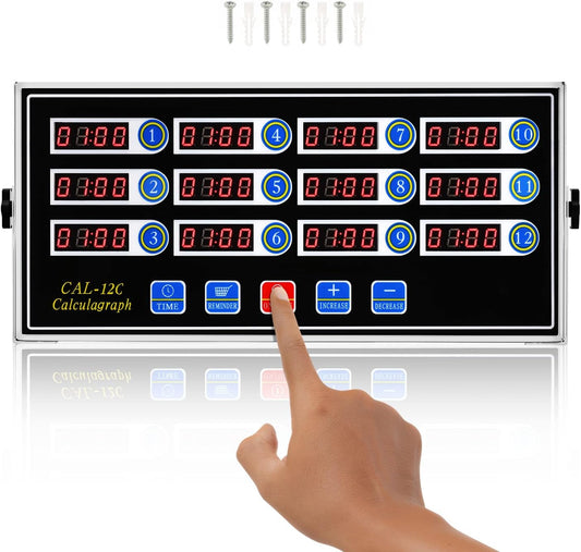 12-Channel Commercial Digital Kitchen Timer for Restaurant | Food Timer for Cooking, Countdown Fryer Timing Reminder, Adjustable Loud Alarm, Stainless Steel Waterproof Button Control