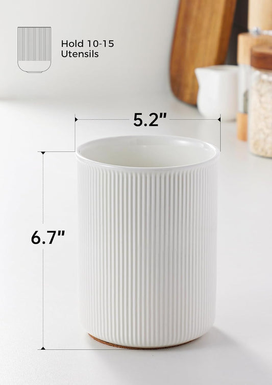 6.7" Utensil Holder, Ceramic Kitchen Utensil Holder with Cork Bottom, Large Utensil Crock for Countertop, Vintage Cooking Tool Organizer Set for Kitchen Counter Decor(White)