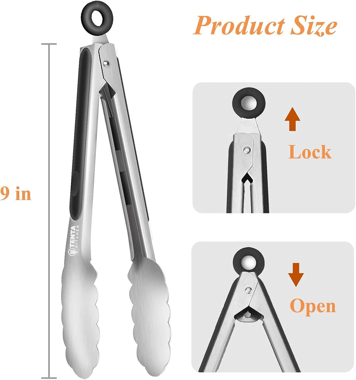 Tongs for Cooking, 9-Inch Stainless Steel Kitchen Tongs, Locking Metal Food Tongs with Silicone Non-Slip Grip, Kitchen Utensils for Food, Salad and Outdoor BBQ (Set of 4)
