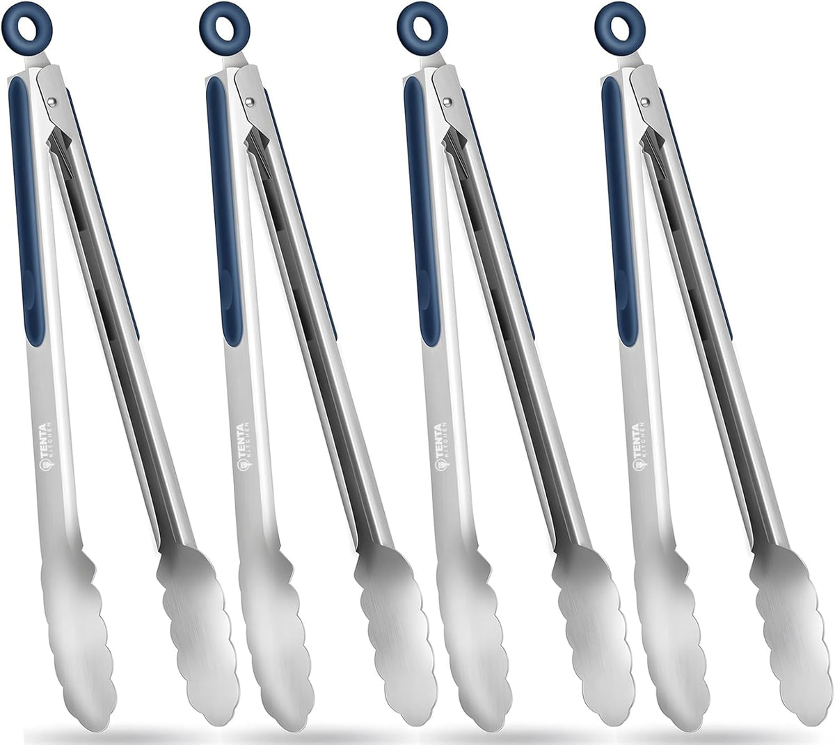 Tongs for Cooking, 9-Inch Stainless Steel Kitchen Tongs, Locking Metal Food Tongs with Silicone Non-Slip Grip, Kitchen Utensils for Food, Salad and Outdoor BBQ (Set of 4)