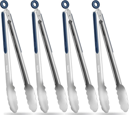 Tongs for Cooking, 9-Inch Stainless Steel Kitchen Tongs, Locking Metal Food Tongs with Silicone Non-Slip Grip, Kitchen Utensils for Food, Salad and Outdoor BBQ (Set of 4)