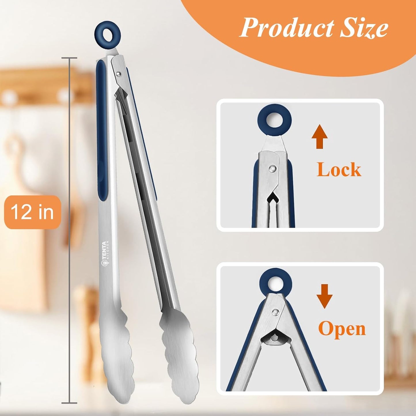Tongs for Cooking, 9-Inch Stainless Steel Kitchen Tongs, Locking Metal Food Tongs with Silicone Non-Slip Grip, Kitchen Utensils for Food, Salad and Outdoor BBQ (Set of 4)