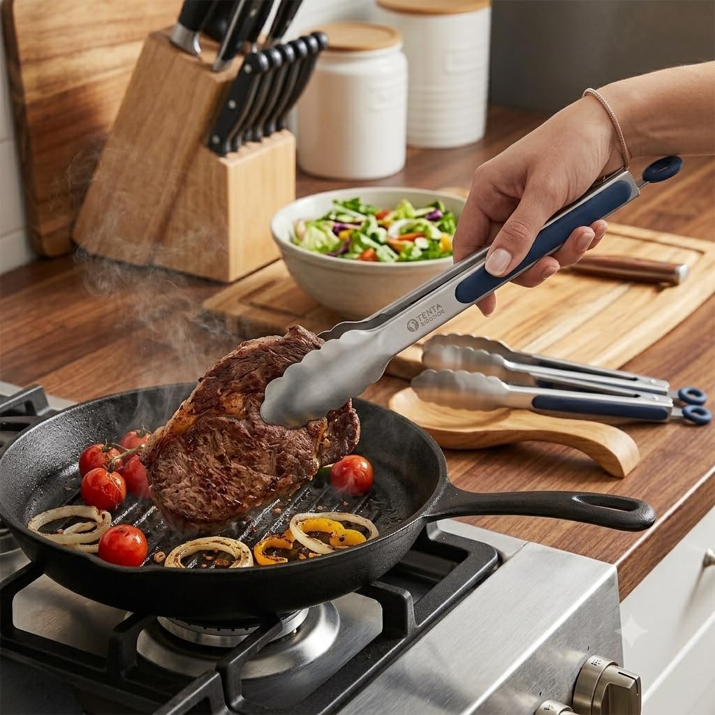 Tongs for Cooking, 9-Inch Stainless Steel Kitchen Tongs, Locking Metal Food Tongs with Silicone Non-Slip Grip, Kitchen Utensils for Food, Salad and Outdoor BBQ (Set of 4)