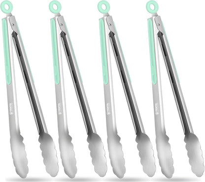 Tongs for Cooking, 9-Inch Stainless Steel Kitchen Tongs, Locking Metal Food Tongs with Silicone Non-Slip Grip, Kitchen Utensils for Food, Salad and Outdoor BBQ (Set of 4)