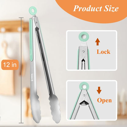 Tongs for Cooking, 9-Inch Stainless Steel Kitchen Tongs, Locking Metal Food Tongs with Silicone Non-Slip Grip, Kitchen Utensils for Food, Salad and Outdoor BBQ (Set of 4)