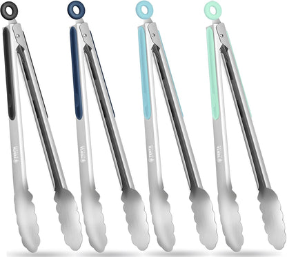 Tongs for Cooking, 9-Inch Stainless Steel Kitchen Tongs, Locking Metal Food Tongs with Silicone Non-Slip Grip, Kitchen Utensils for Food, Salad and Outdoor BBQ (Set of 4)