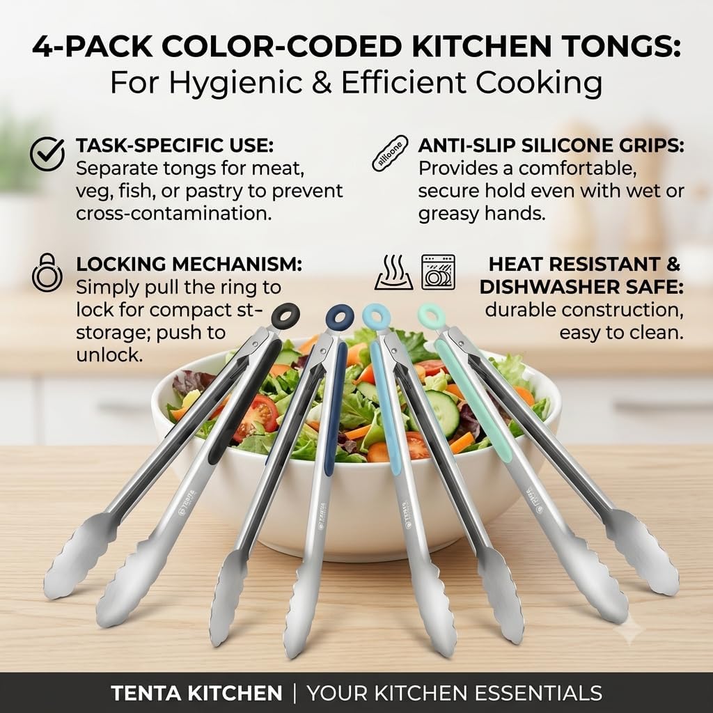 Tongs for Cooking, 9-Inch Stainless Steel Kitchen Tongs, Locking Metal Food Tongs with Silicone Non-Slip Grip, Kitchen Utensils for Food, Salad and Outdoor BBQ (Set of 4)