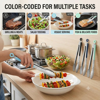 Tongs for Cooking, 9-Inch Stainless Steel Kitchen Tongs, Locking Metal Food Tongs with Silicone Non-Slip Grip, Kitchen Utensils for Food, Salad and Outdoor BBQ (Set of 4)