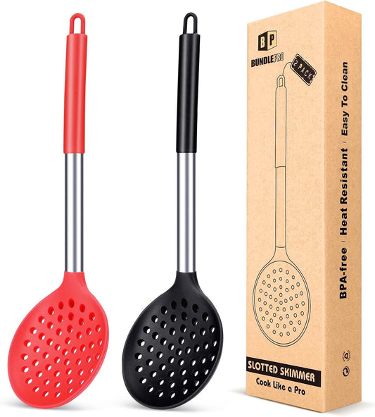 Silicone Kitchen Ladle Strainer, 2 Pack, Black-Red | Cooking Skimmer, Slotted Spoon, High Heat Resistant, BPA Free, Non Stick, Ideal for Draining and Frying