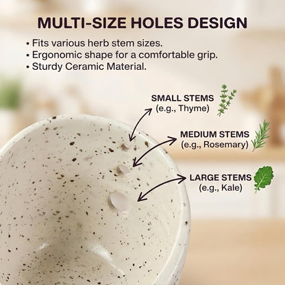 Handmade Pottery Herb Stripper Bowl, Ceramic Herb Peeler with Multiple Hole Sizes, Kitchen Tool for Herb Leaf and Root Removal, Ideal for Cooking & BBQ (White)