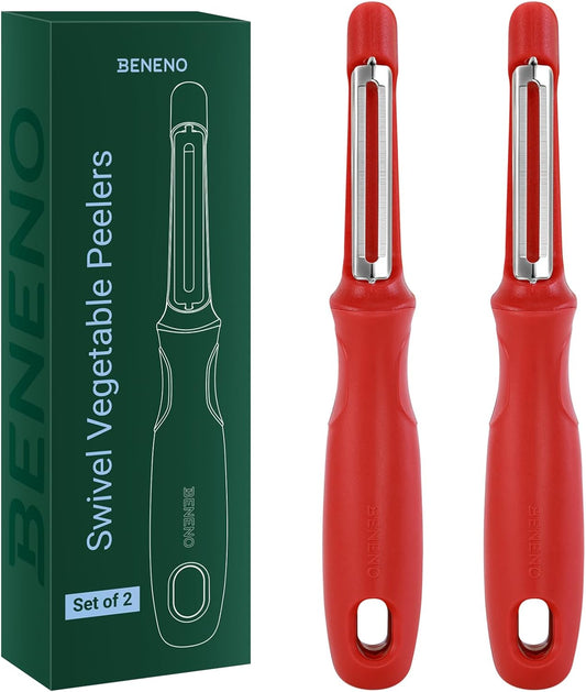 Swivel Vegetable Peeler, Smooth Peeling Potato Peeler (2, Red) | Razor-Sharp Stainless Steel Blade, Ergonomic Non-Slip Grip, Built-In Potato Eye Remover, Durable Design for Fruits & Veggies