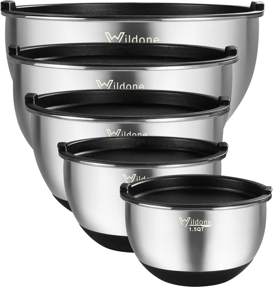 Mixing Bowls with Lids Set, Stainless Steel Mixing Bowls Set of 5 | Large Prep Metal Bowl Set with Non-slip Bottoms, Size 8, 5, 3, 2, 1.5 QT, Airtight Lids, Thicker Stainless Steel