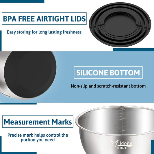 Mixing Bowls with Lids Set, Stainless Steel Mixing Bowls Set of 5 | Large Prep Metal Bowl Set with Non-slip Bottoms, Size 8, 5, 3, 2, 1.5 QT, Airtight Lids, Thicker Stainless Steel