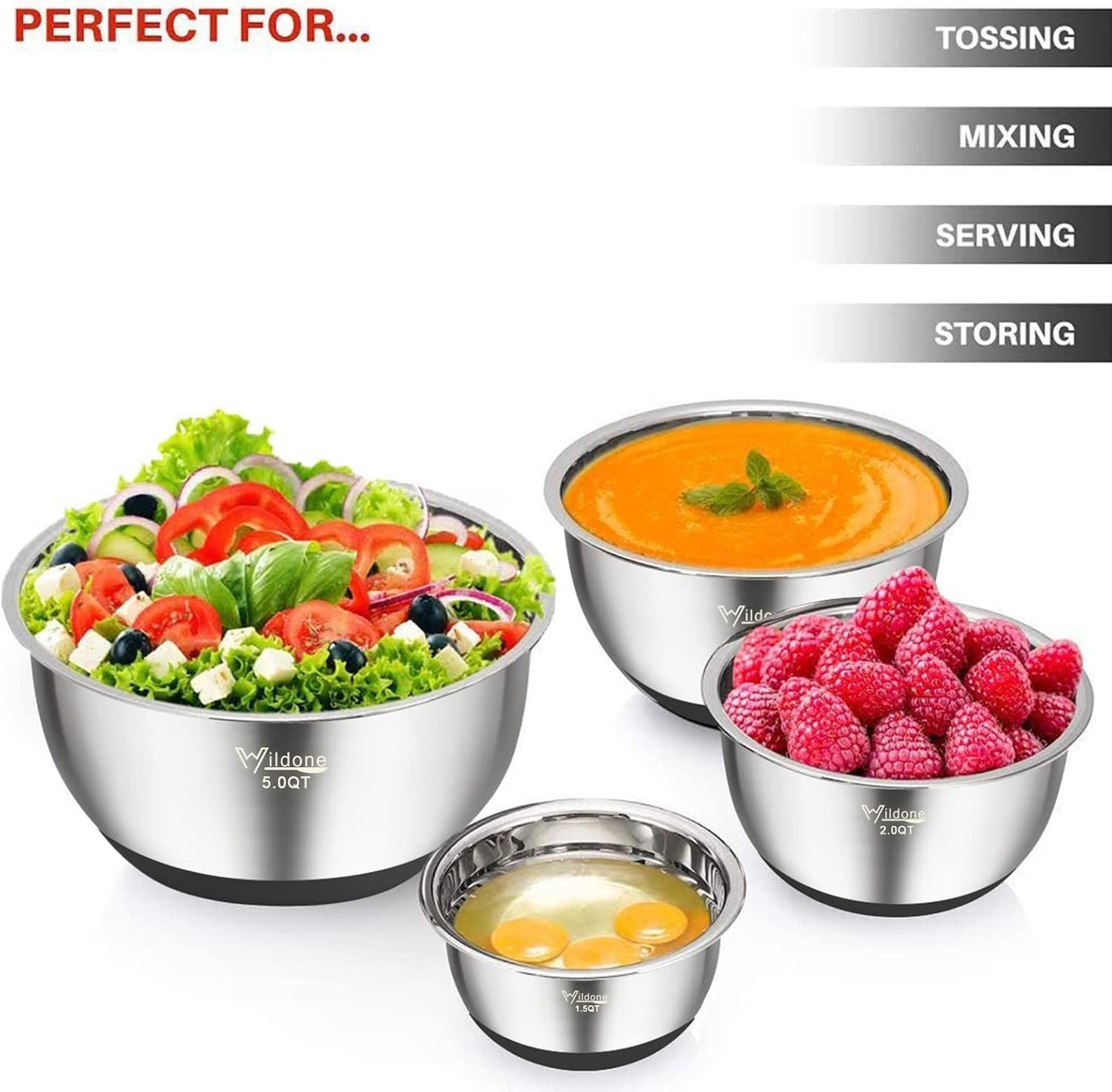 Mixing Bowls with Lids Set, Stainless Steel Mixing Bowls Set of 5 | Large Prep Metal Bowl Set with Non-slip Bottoms, Size 8, 5, 3, 2, 1.5 QT, Airtight Lids, Thicker Stainless Steel