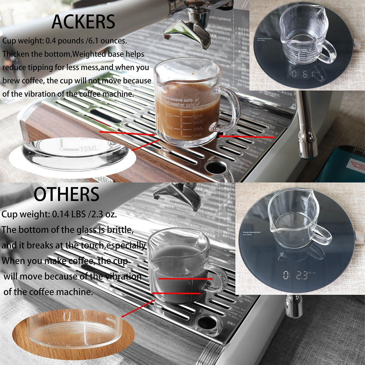 Ackers Etched Scale Espresso cup with Handle, Thickened Bottom and Wall, Double V-Shaped Spout,2.5OZ Milk Frothing Pitcher,75ML Milk Cup with Handle, Espresso Accessory(Pack of 2)