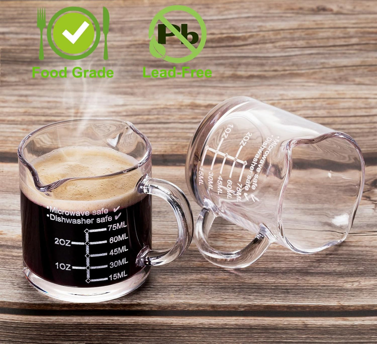 Ackers Etched Scale Espresso cup with Handle, Thickened Bottom and Wall, Double V-Shaped Spout,2.5OZ Milk Frothing Pitcher,75ML Milk Cup with Handle, Espresso Accessory(Pack of 2)