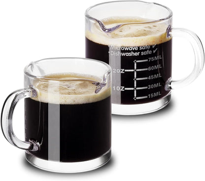 Ackers Etched Scale Espresso cup with Handle, Thickened Bottom and Wall, Double V-Shaped Spout,2.5OZ Milk Frothing Pitcher,75ML Milk Cup with Handle, Espresso Accessory(Pack of 2)