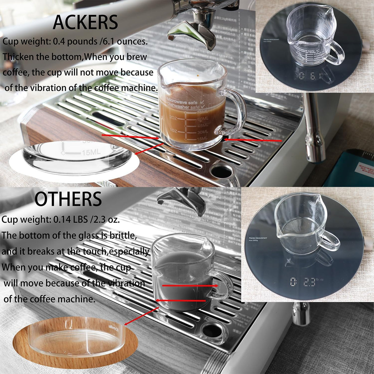 Ackers Etched Scale Espresso cup with Handle, Thickened Bottom and Wall, Double V-Shaped Spout,2.5OZ Milk Frothing Pitcher,75ML Milk Cup with Handle, Espresso Accessory(Pack of 2)