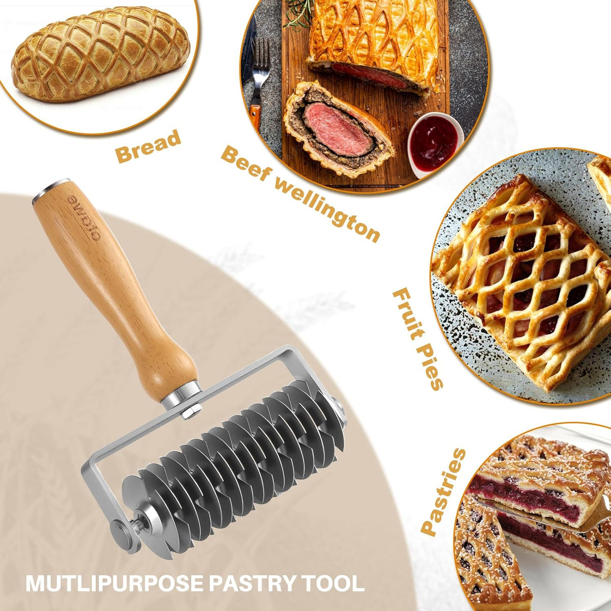 Lattice Pastry Cutter – Stainless Steel Roller Cutter with Wooden Handle for Pie, Beef Wellington, Pastry & Bread – Easy Lattice Pattern –