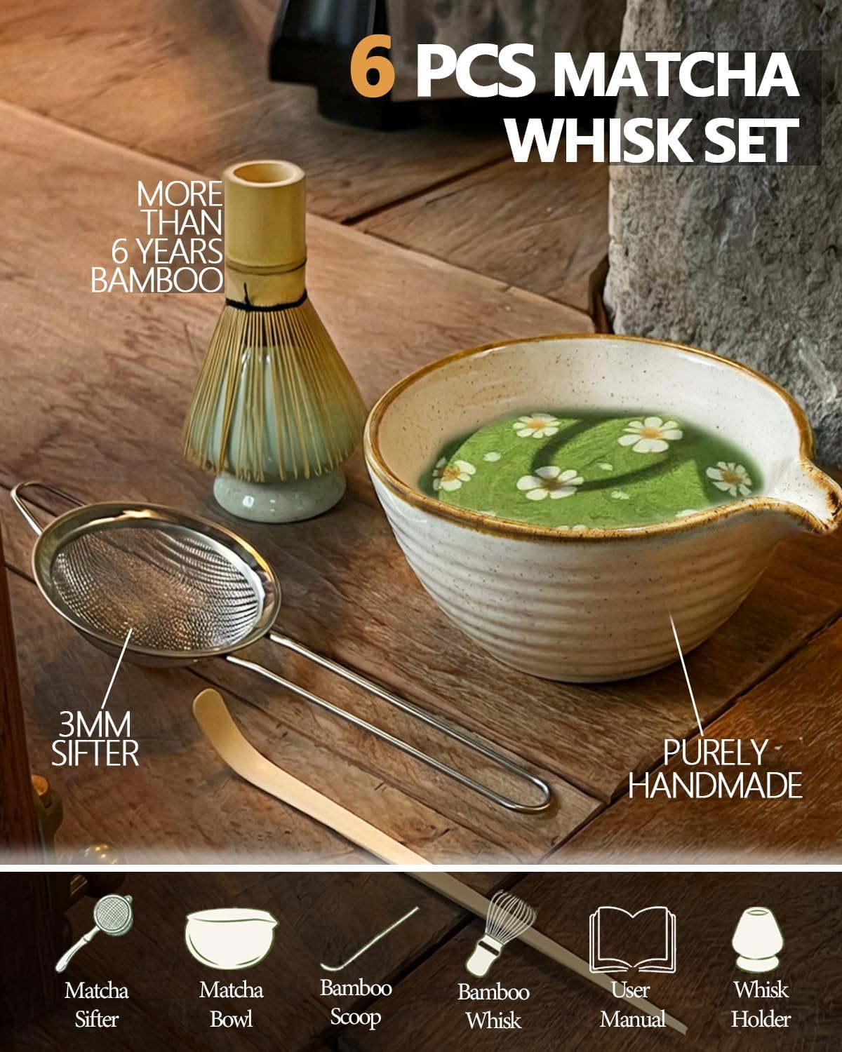 Matcha Whisk Set with Matcha Bowl, Matcha Whisk Holder Matcha Bamboo Whisks, Scoop, Sifter, Mothers Day Gifts for Women Mom Her Girl Friend Home Kitchen Decor Kit for Tea Enthusiasts