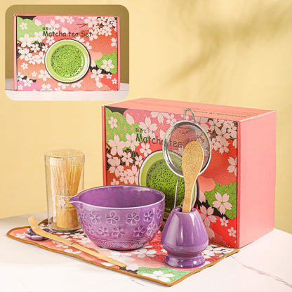 8-Piece Matcha Ceremony Set - Tea Kit with Cherry Blossom Bowl, Bamboo Whisk, Wood Scoops, Tea Cloth & Floral Display - Gift-Ready Pink Cherry color box (Purple;)