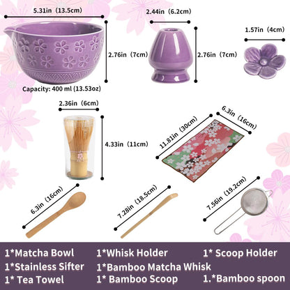 8-Piece Matcha Ceremony Set - Tea Kit with Cherry Blossom Bowl, Bamboo Whisk, Wood Scoops, Tea Cloth & Floral Display - Gift-Ready Pink Cherry color box (Purple;)