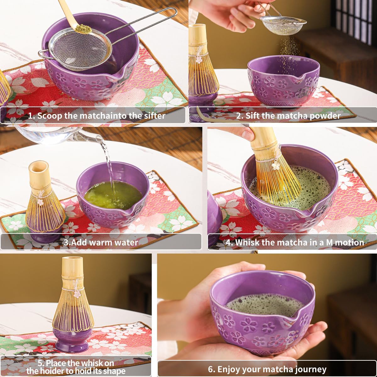 8-Piece Matcha Ceremony Set - Tea Kit with Cherry Blossom Bowl, Bamboo Whisk, Wood Scoops, Tea Cloth & Floral Display - Gift-Ready Pink Cherry color box (Purple;)