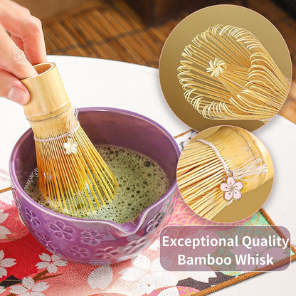 8-Piece Matcha Ceremony Set - Tea Kit with Cherry Blossom Bowl, Bamboo Whisk, Wood Scoops, Tea Cloth & Floral Display - Gift-Ready Pink Cherry color box (Purple;)